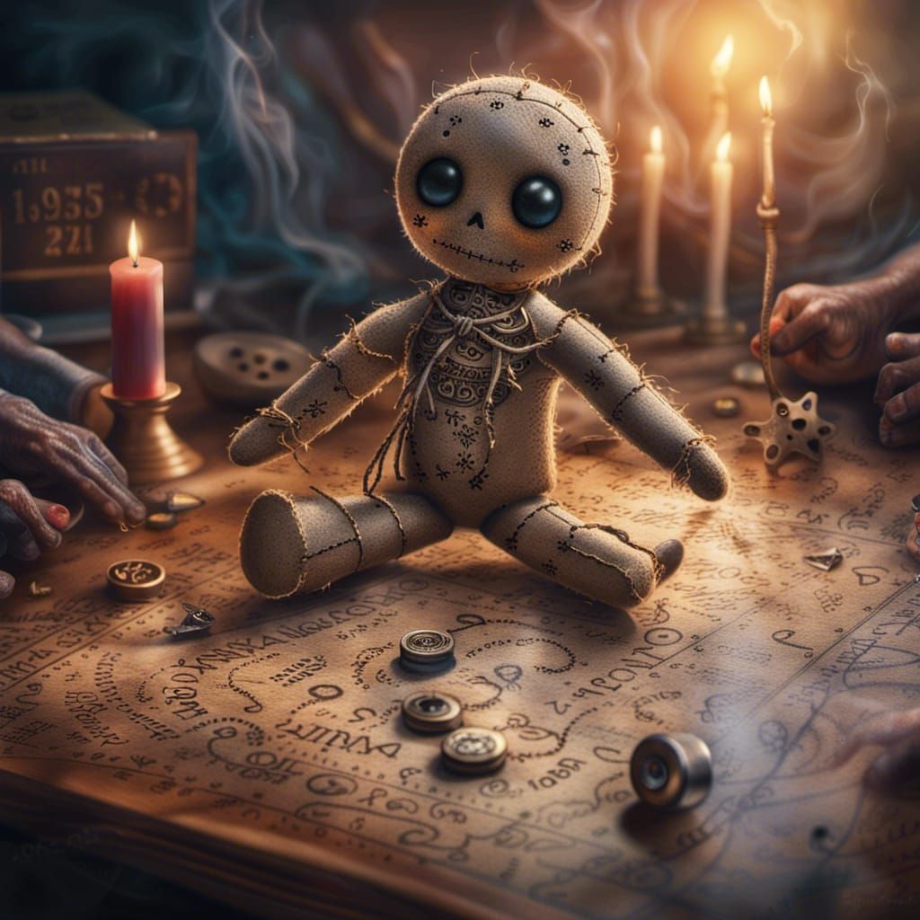 Voodoo Doll on Ouija Board in Hyperrealistic Style