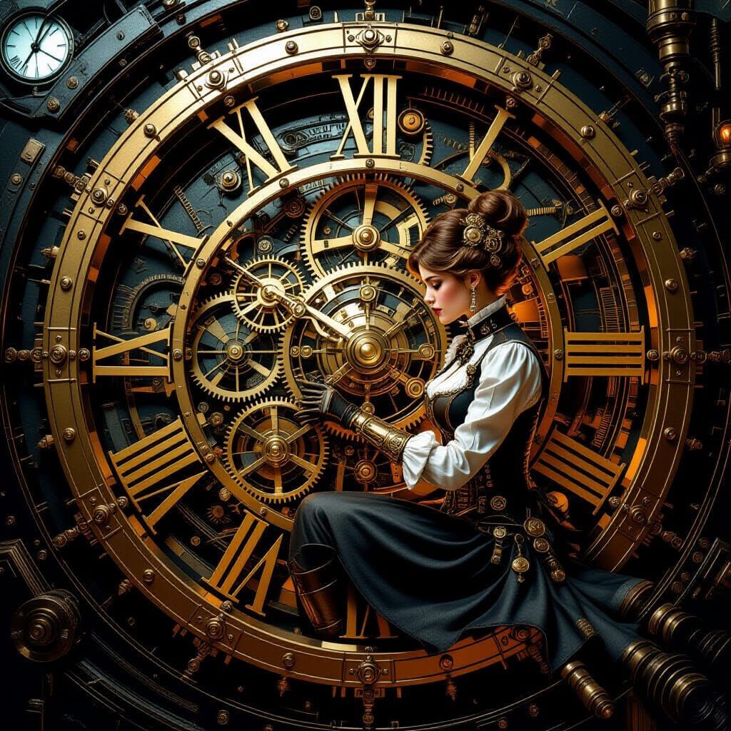Steampunk Clockmaker Repairs Giant Clock Interior