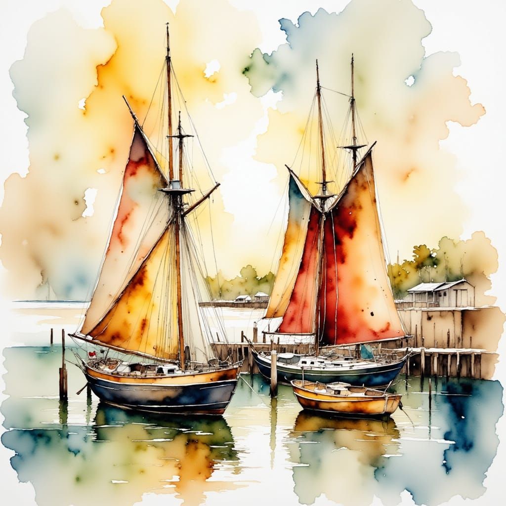 Impressionistic Seascape with Sailboats in a Bustling Harbor
