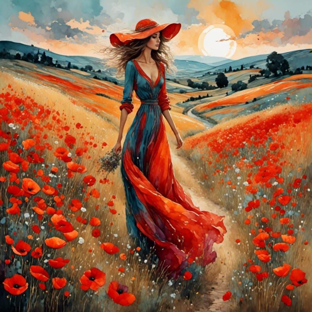 Woman in Poppy Field, Realistic Detailed Style