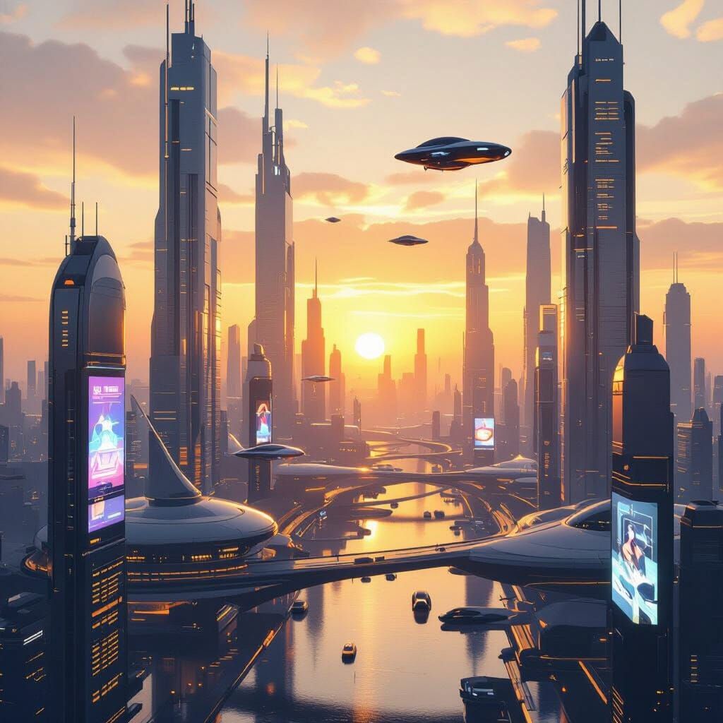 Futuristic Cityscape at Dawn in Neon Style