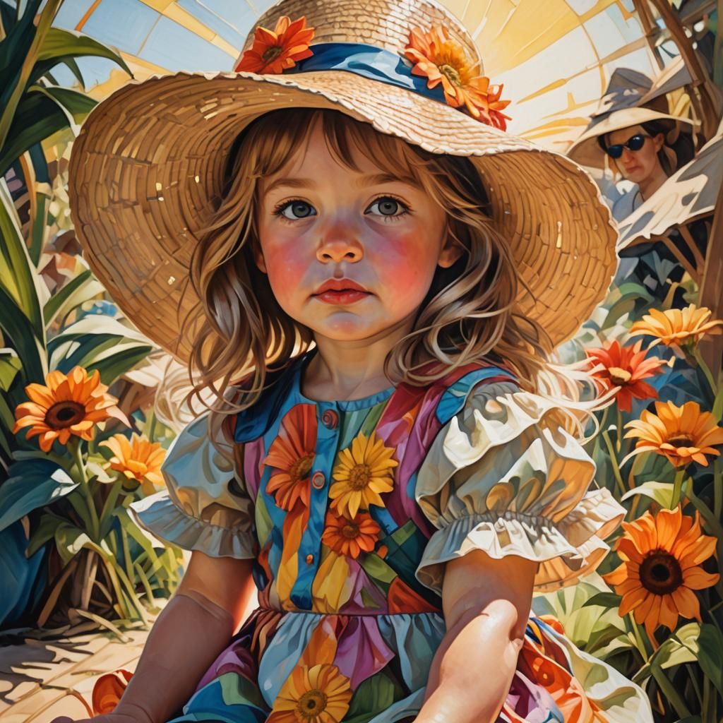 Girl in Oversized Sun Hat, Art Nouveau Oil Painting