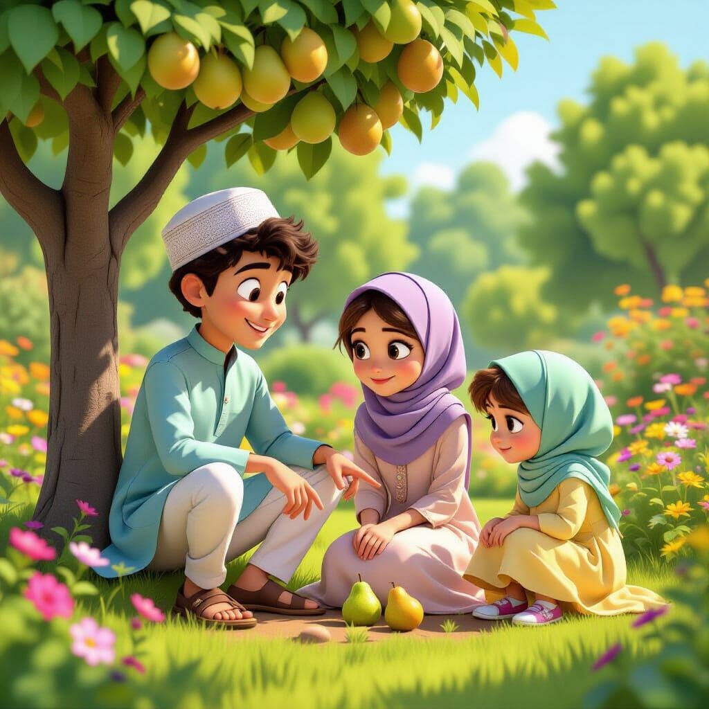 Muslim Siblings Enjoying a Vibrant Garden in Pixar Style