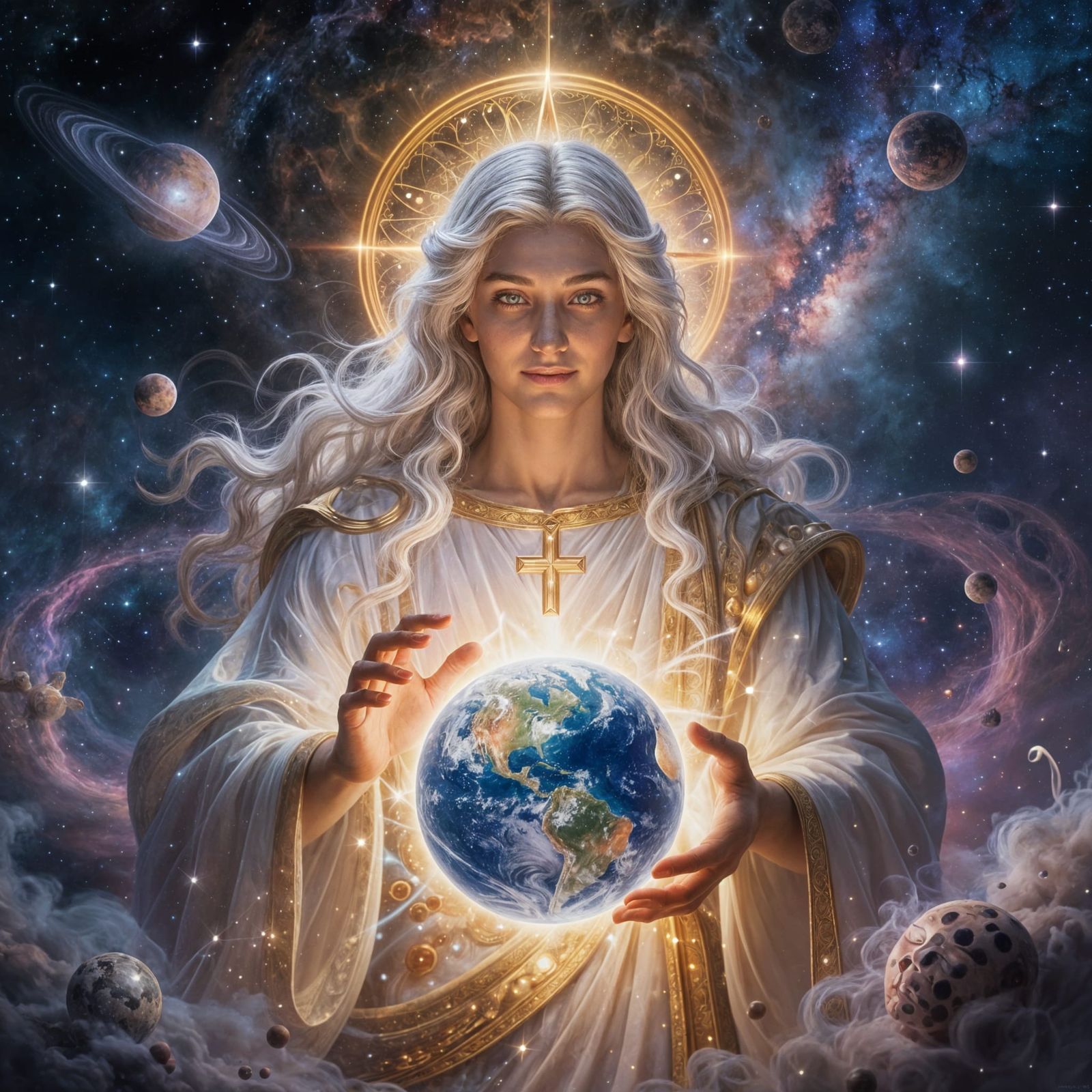 Cosmic Creator Holding Earth in Swirling Galaxy