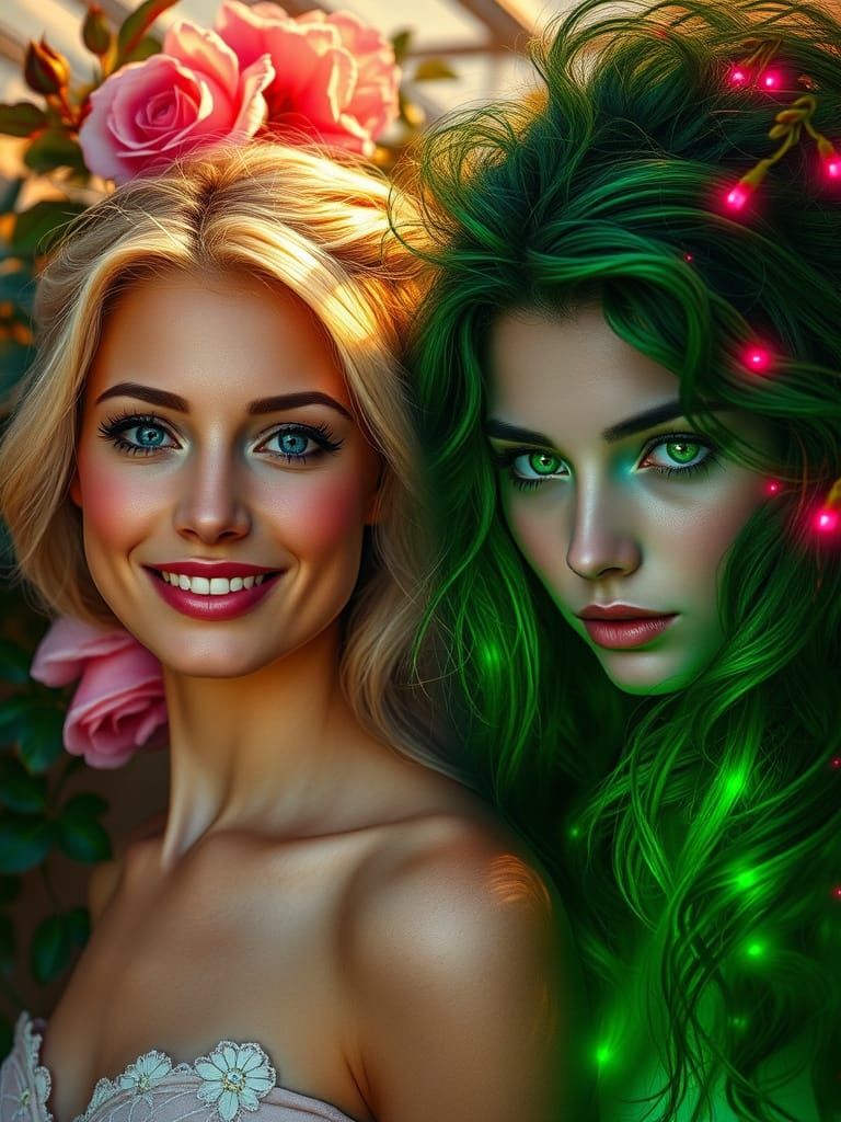 Ethereal Duality: Hyperrealistic Double Portrait of Two Powe...