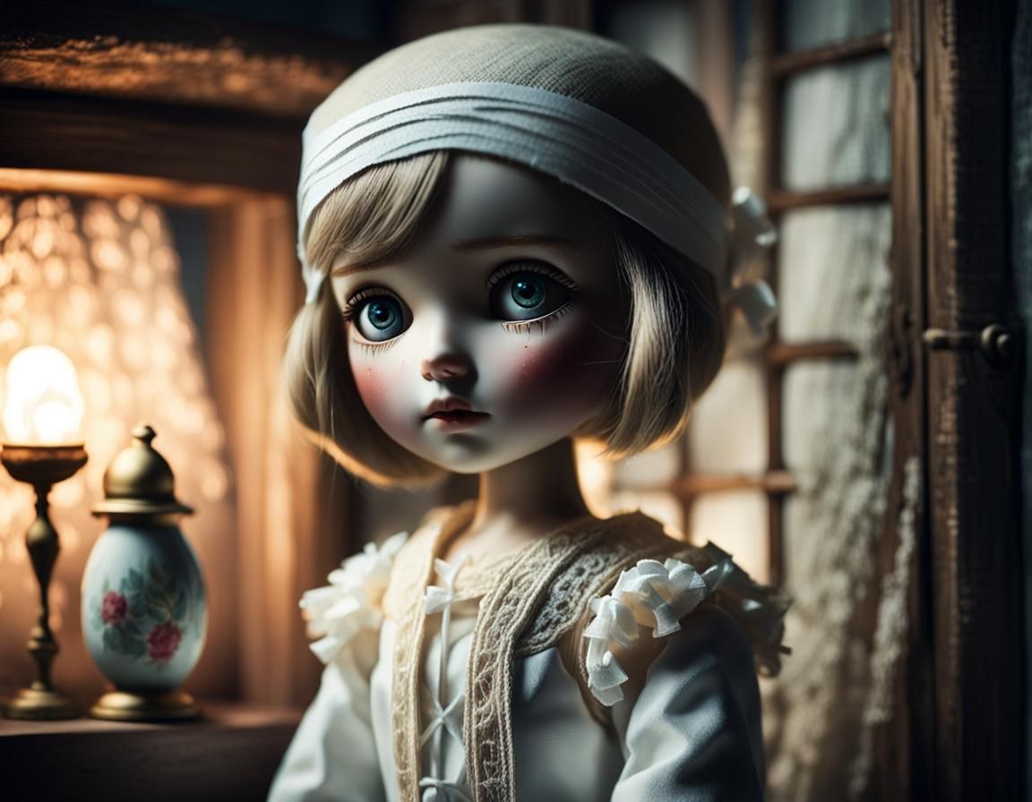 A sad looking doll with a white bandage around her head.