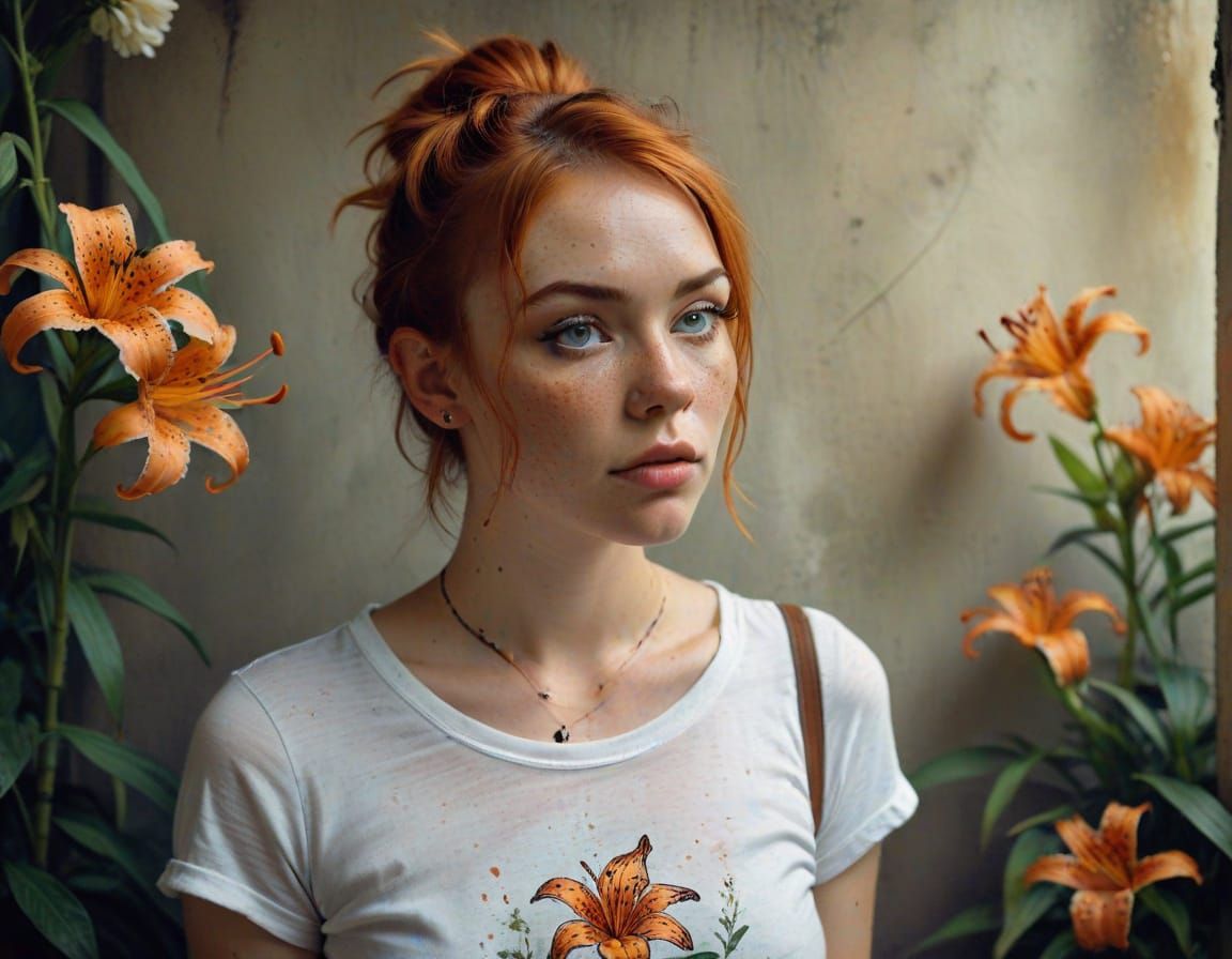tiger lily young ginger hair freckled cross-eyed woman grunge couture tshirt messy pixie hair shy standing tongue tied i...