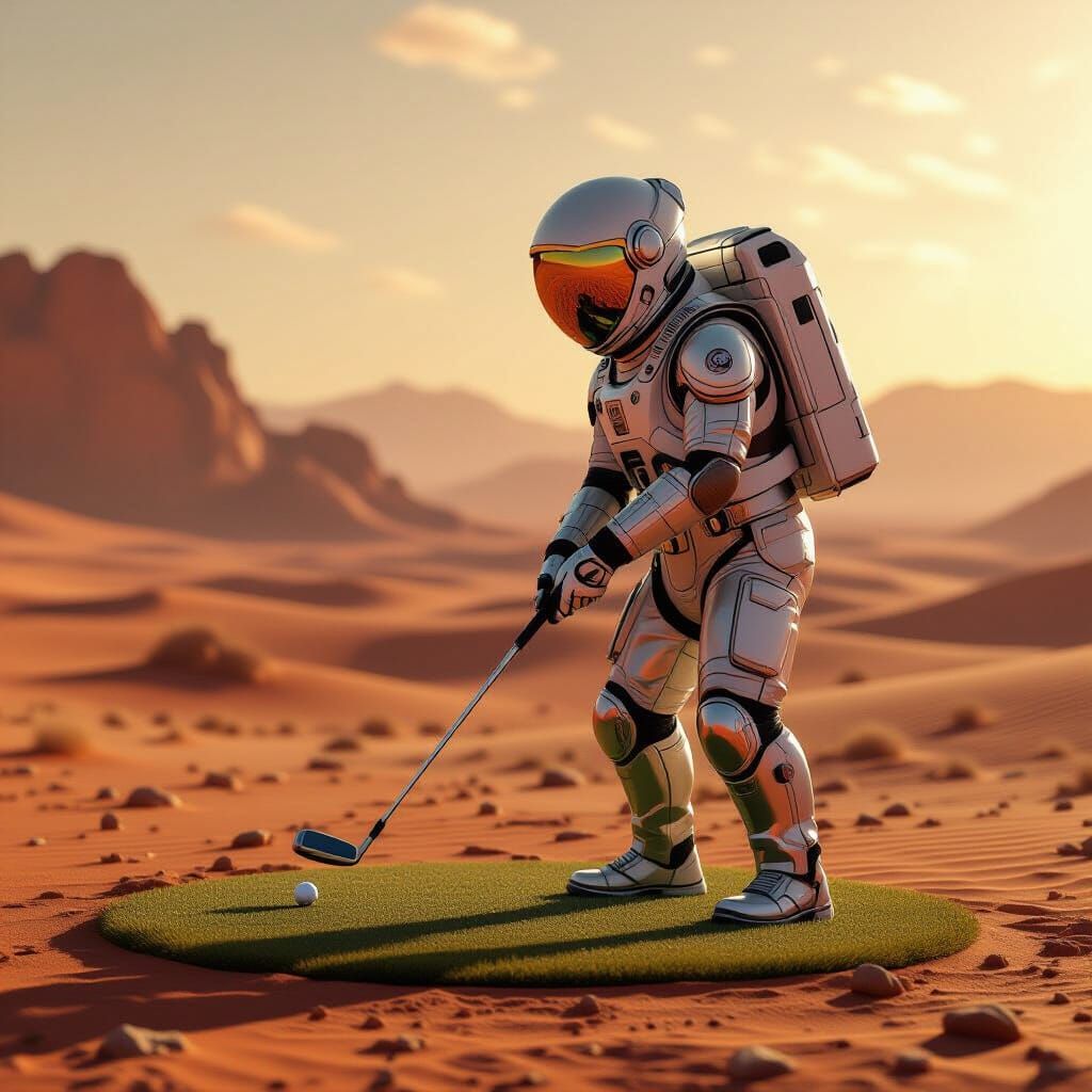 Astronaut Golfing on Mars in Sci-Fi Style