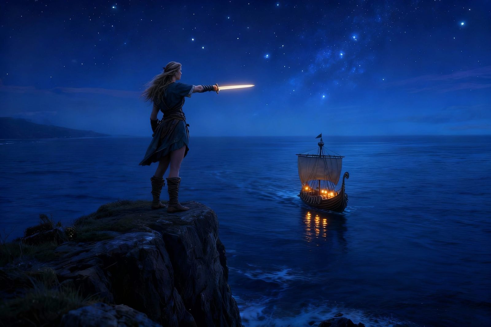 Viking Woman Gazes at Starry Ocean Seascape