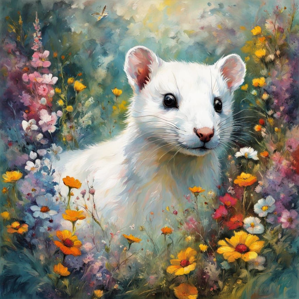Impressionist Ermine in Vibrant Floral Glade