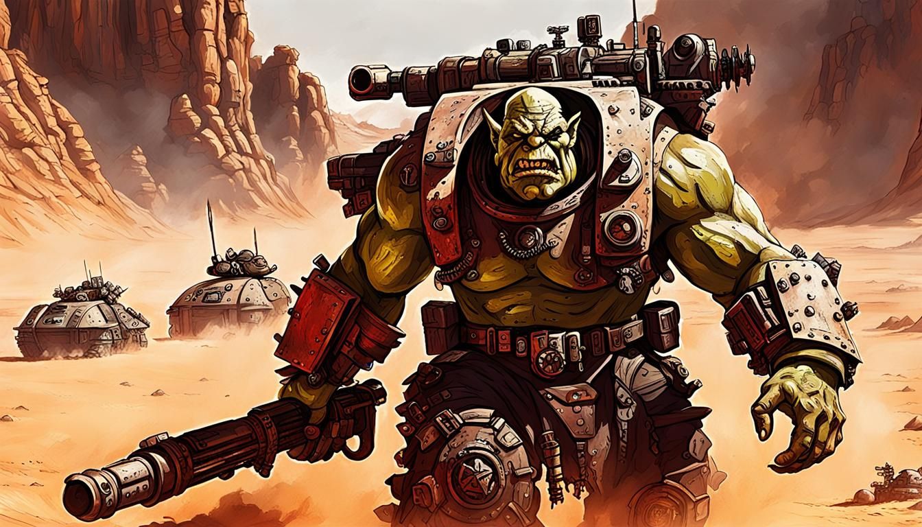 Warhammer 40k Orc in Sci-Fi Tank on Desert Planet