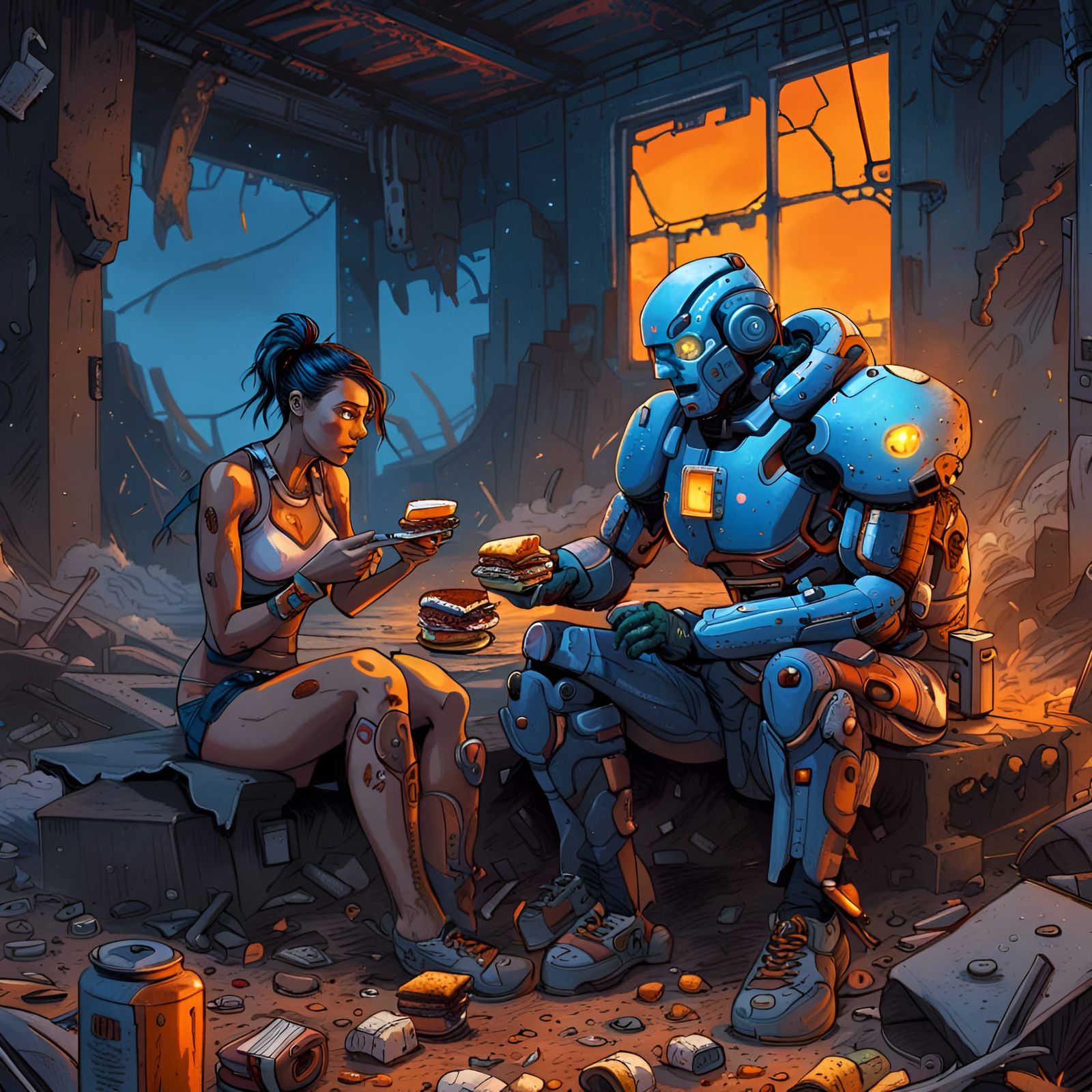 Cyborgs' Apocalyptic Lunch Break in Comic Style