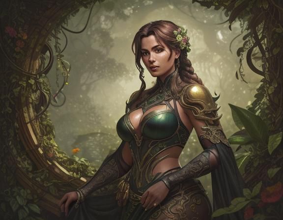 Chibi-inspired solarpunk illustration. Medium shot. A curvy woman in a sling bikini, surrounded by vines, leaves, and fl...