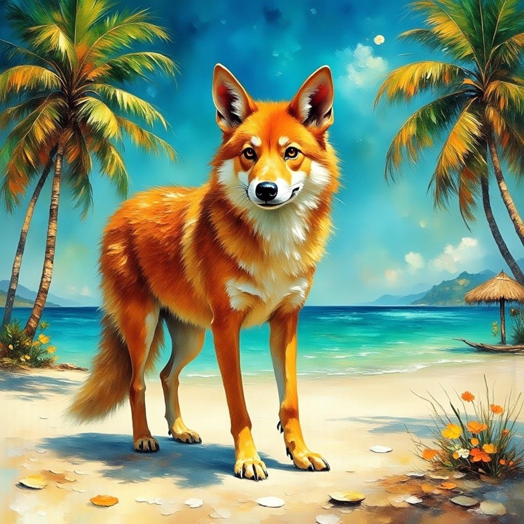 Dingo on Tropical Beach in Hyperrealistic Style