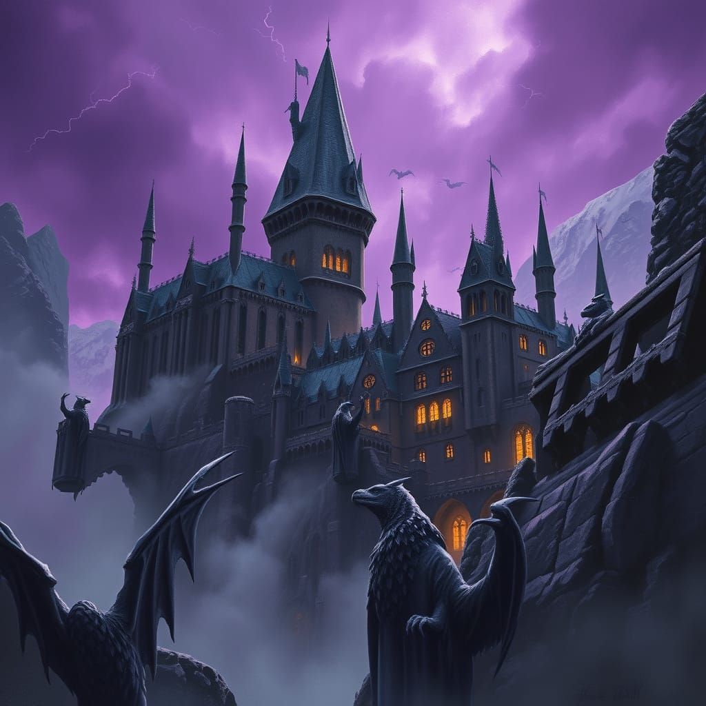 Gothic Wizarding School in Stormy Sky