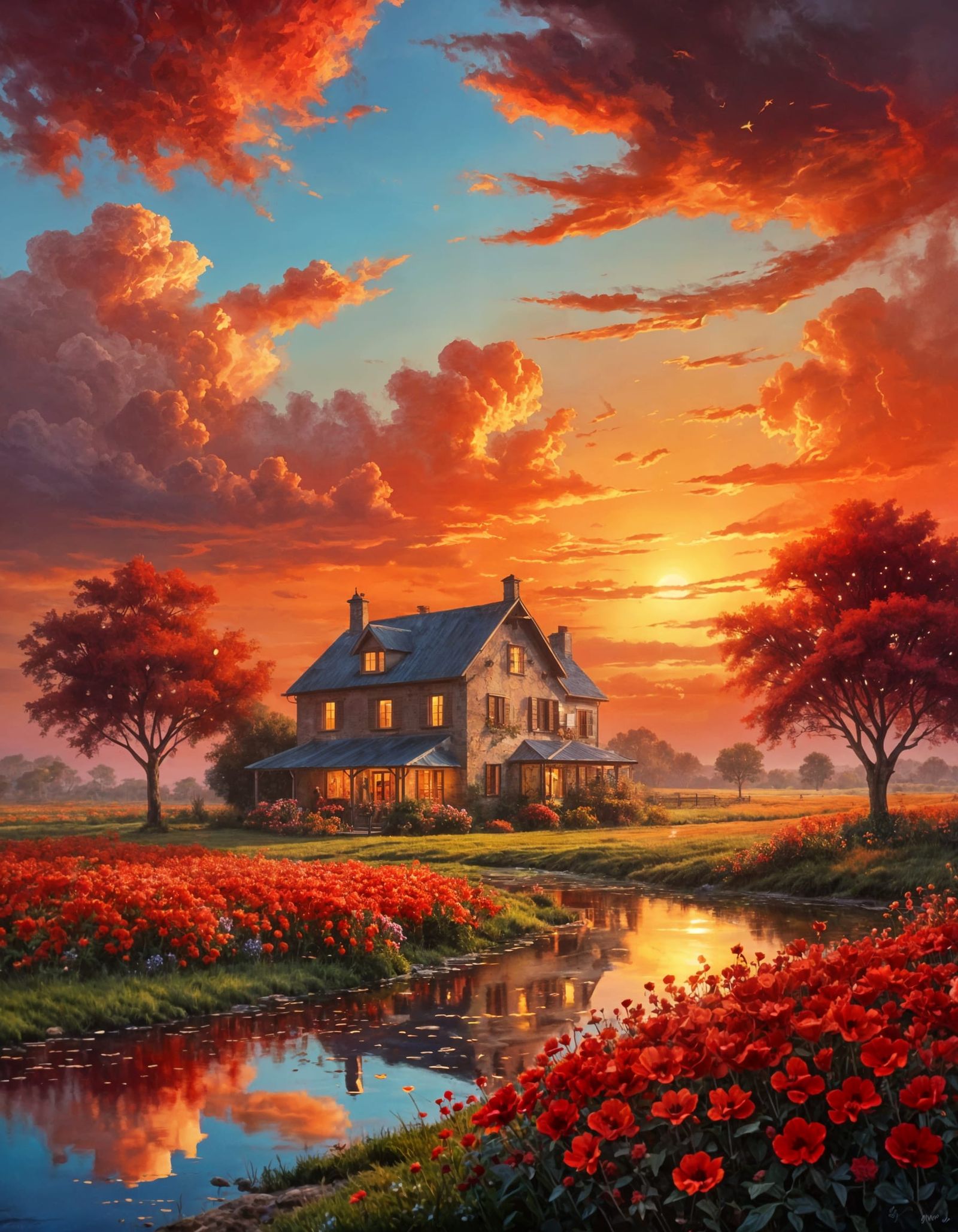 Surreal Sunset Landscape with Red Flowers