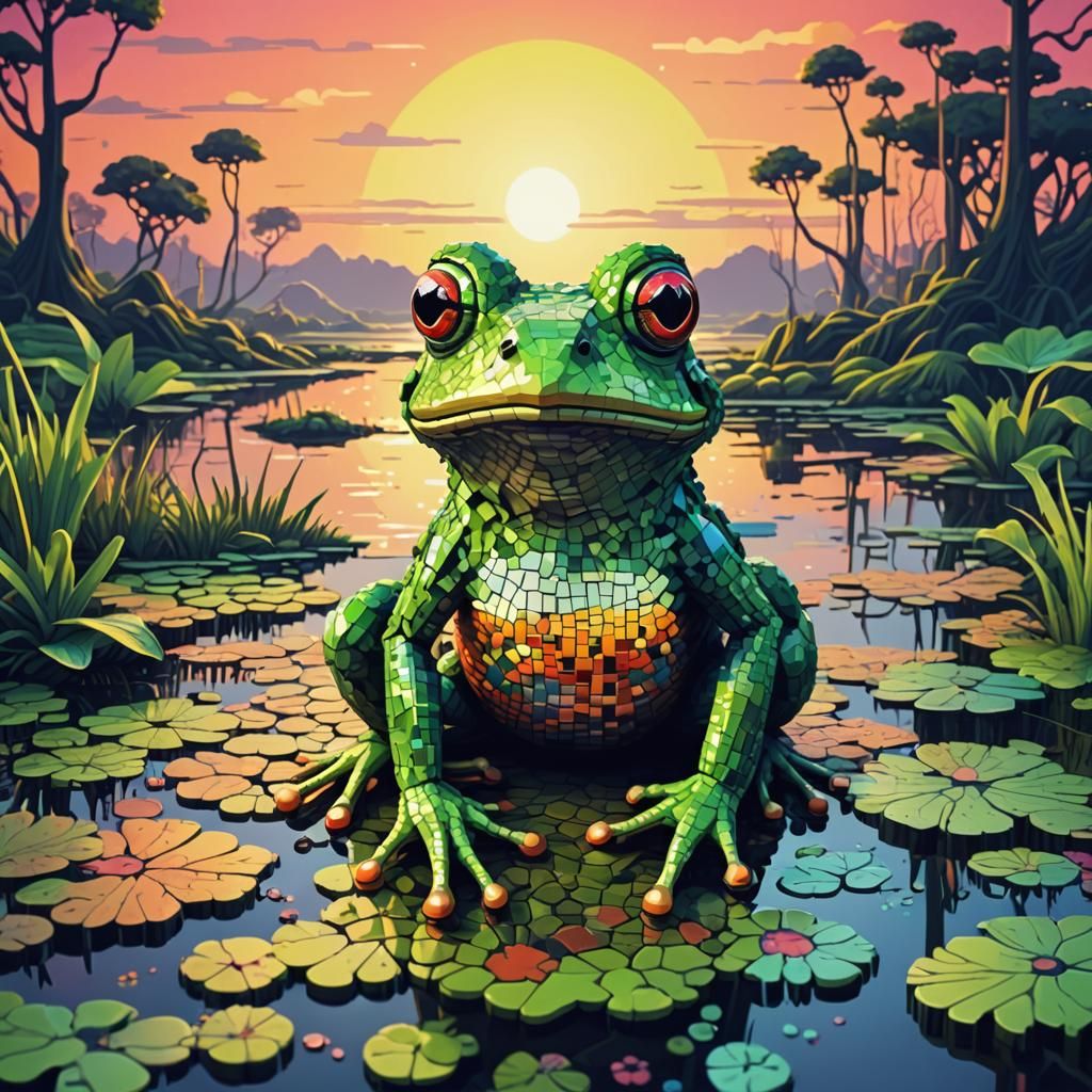 Pixelated Frog Portrait in 80s Swamp Sunrise