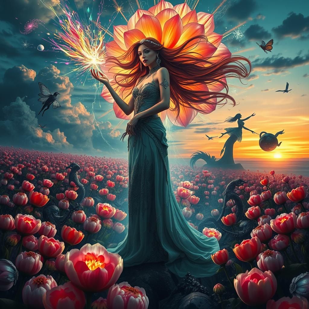 Squarepants Woman in Floral Fantasy, Digital Bio Art