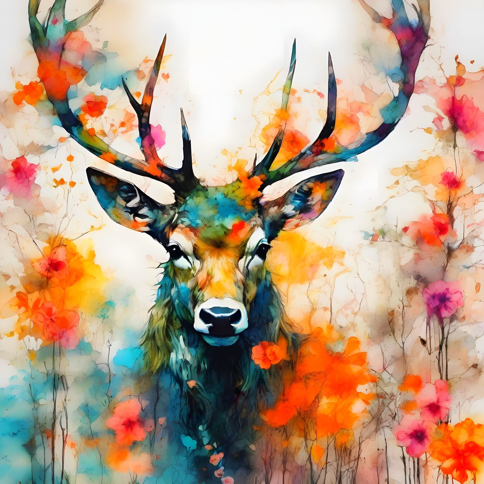 Vibrant Floral Stag in a Dreamlike Forest, Inspired by Japan...