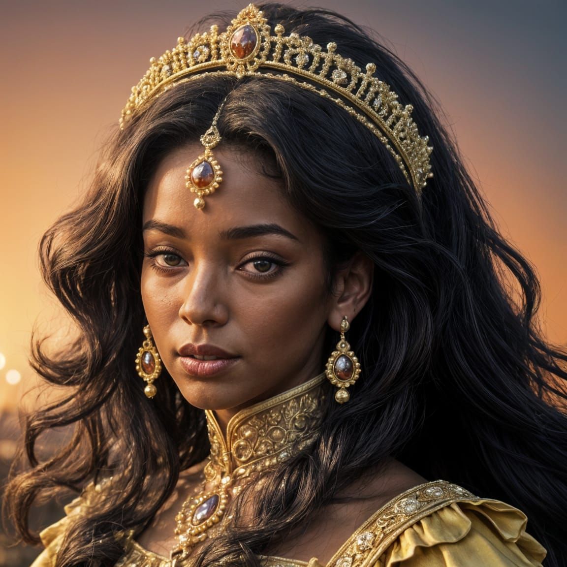 Beautiful Black Princess Portrait in Fantasy Illustration St...