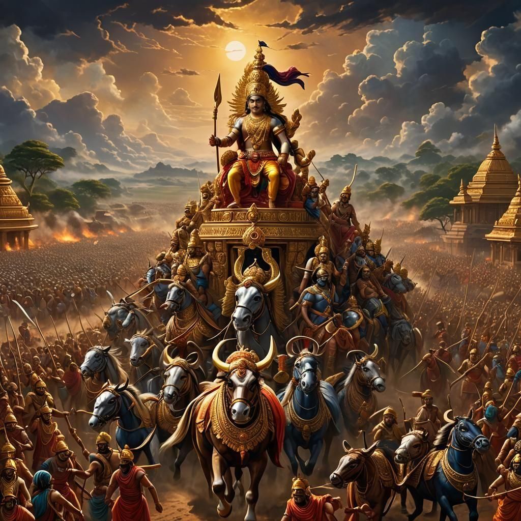 Epic Battlefield Scene with Krishna and Arjuna