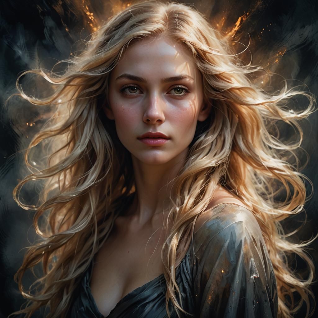 Ethereal Woman Portrait with Flowing Hair in Digital Art