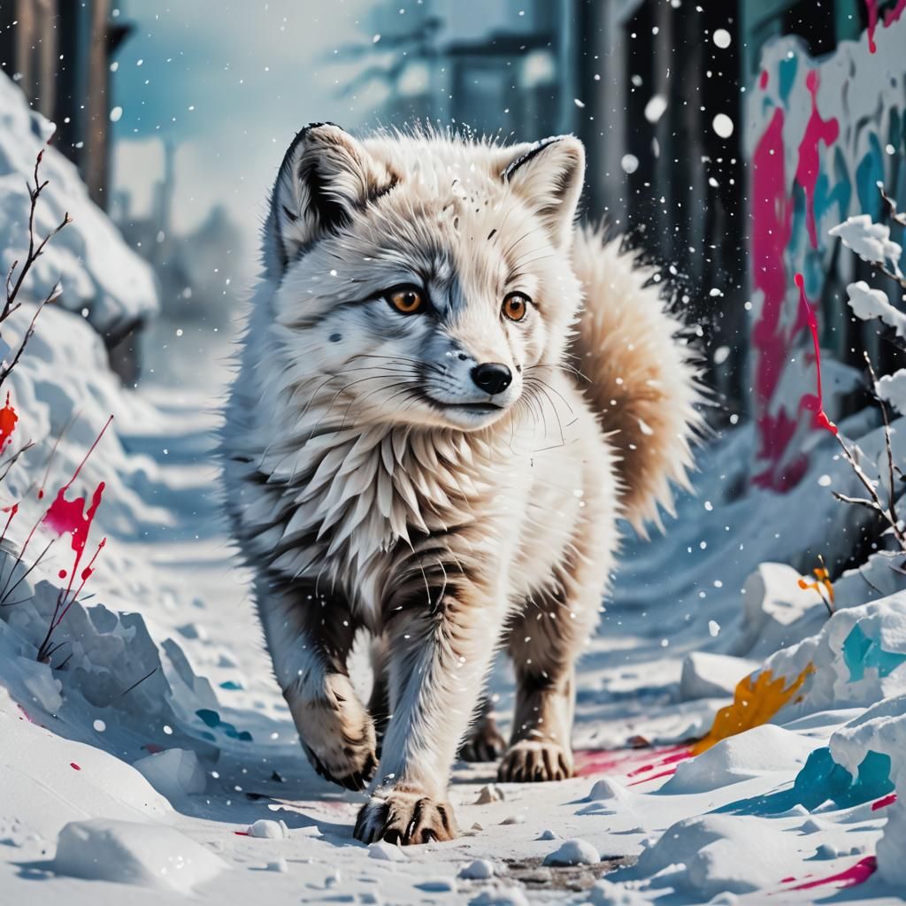 Arctic Fox Cub in Snow, Graffiti Street Art