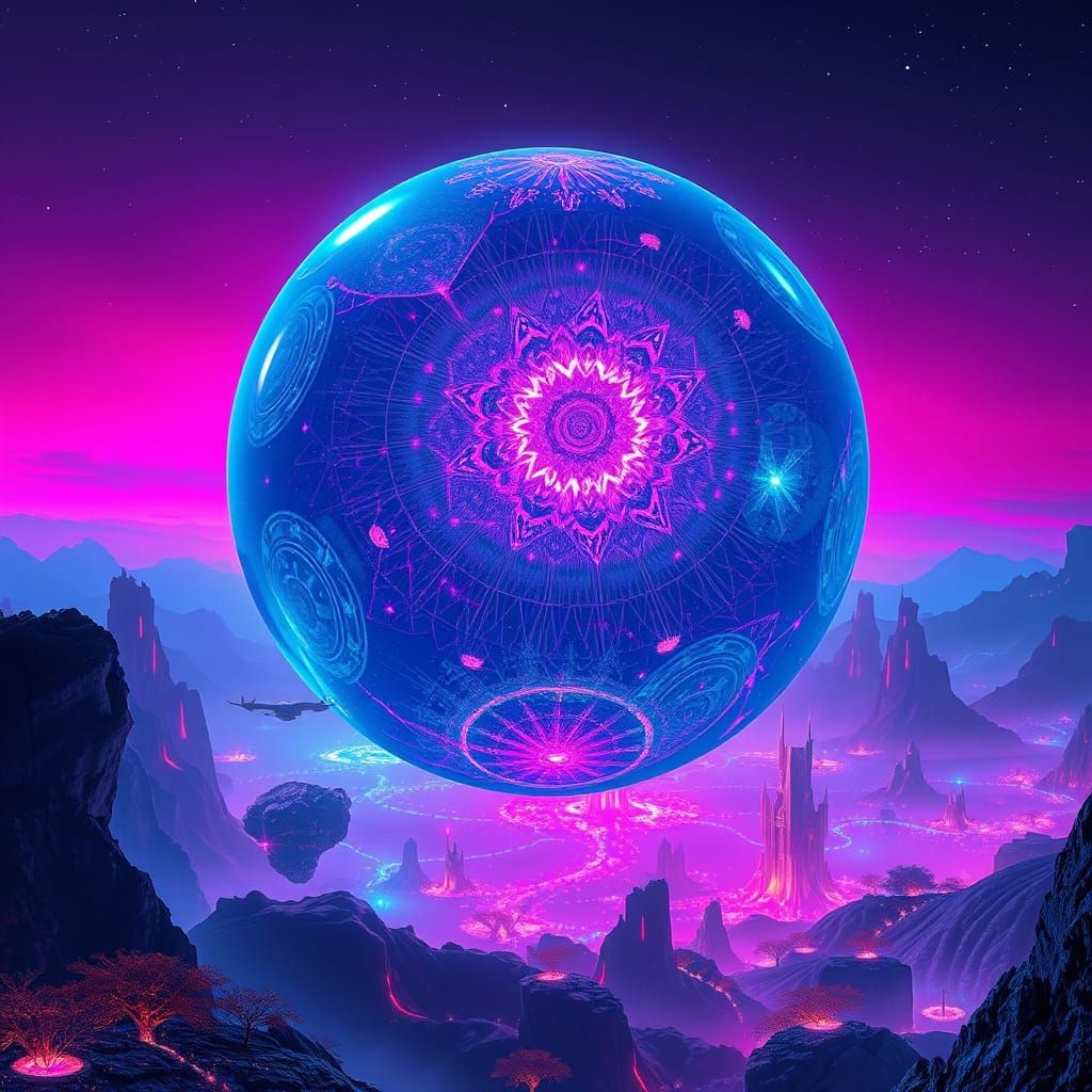 Surreal Cosmic Landscape with Holographic Sphere and Vibrant...