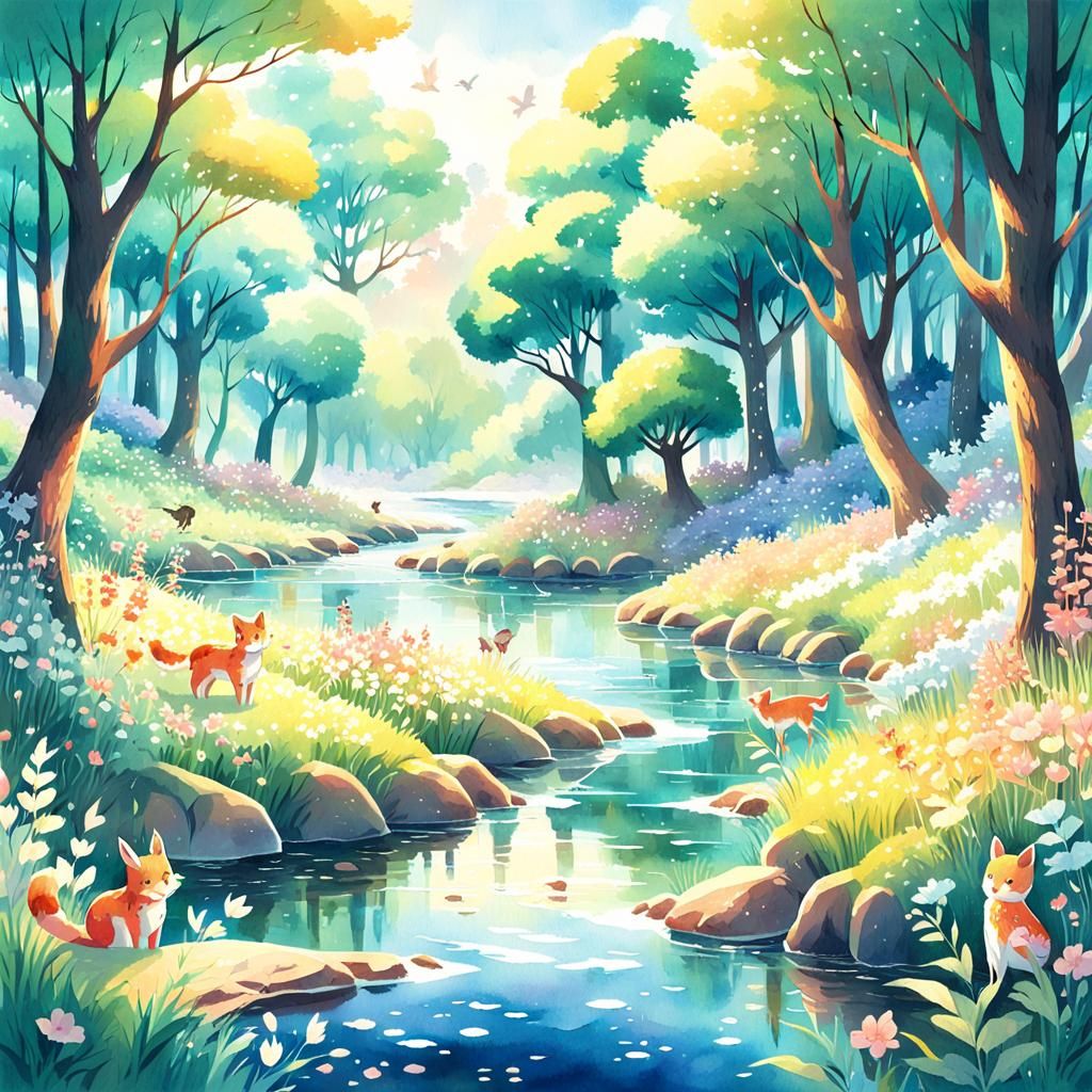 Anime Forest: Animals Gather by River