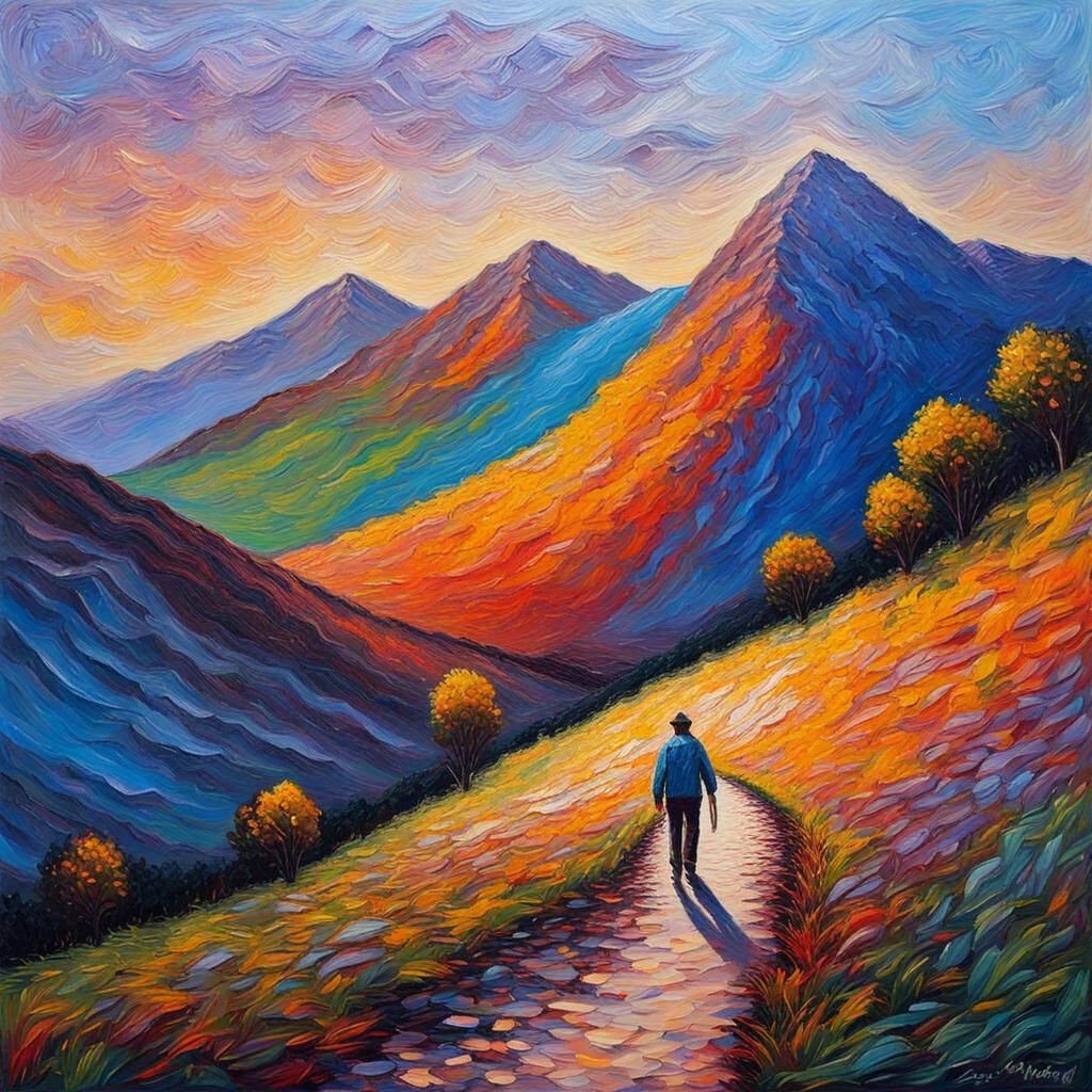 Mountain Sunrise: A Neo-Impressionist Oil Painting