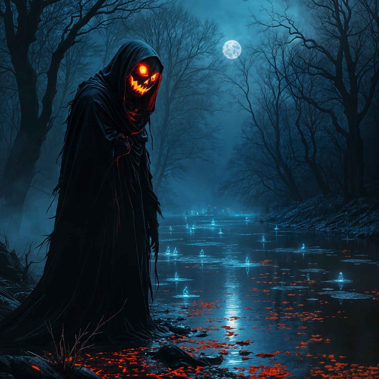 Grim Reaper with Jack-o-Lantern on River of Blood