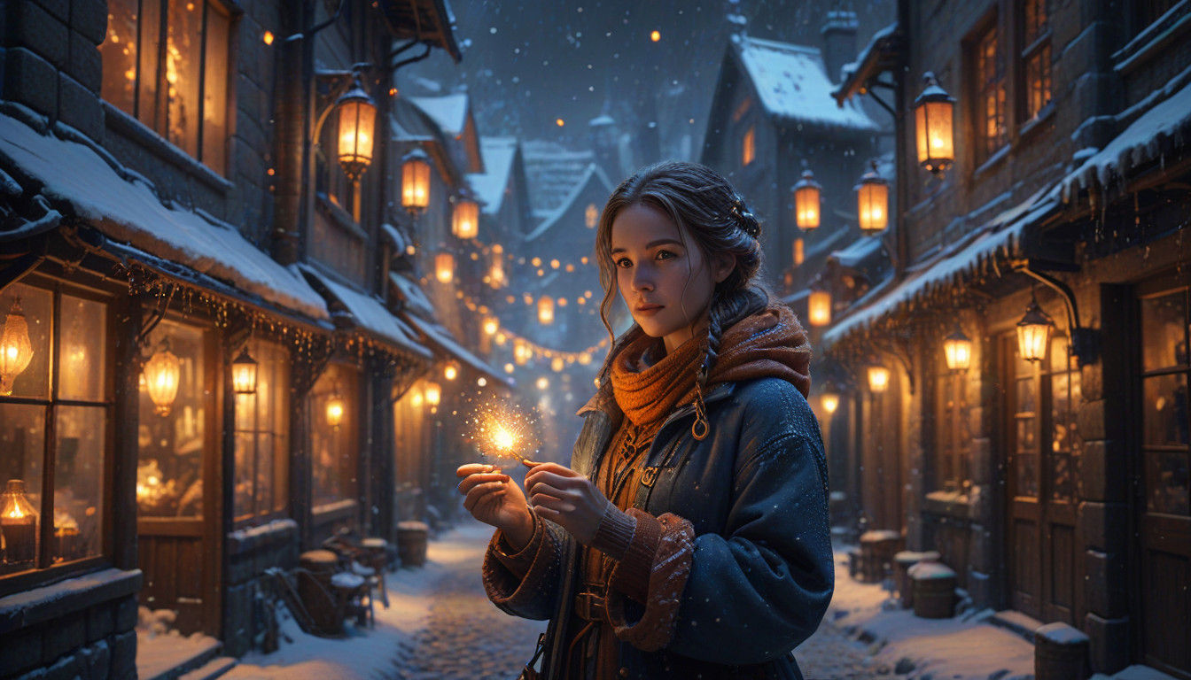 Mystical Snowy Alleyway in Warm Golden Light