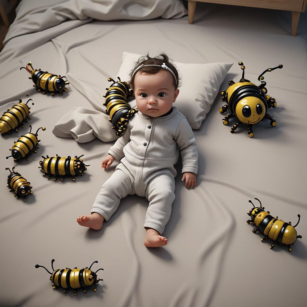 Caterpillar Robot Plays with Baby: 3D Render