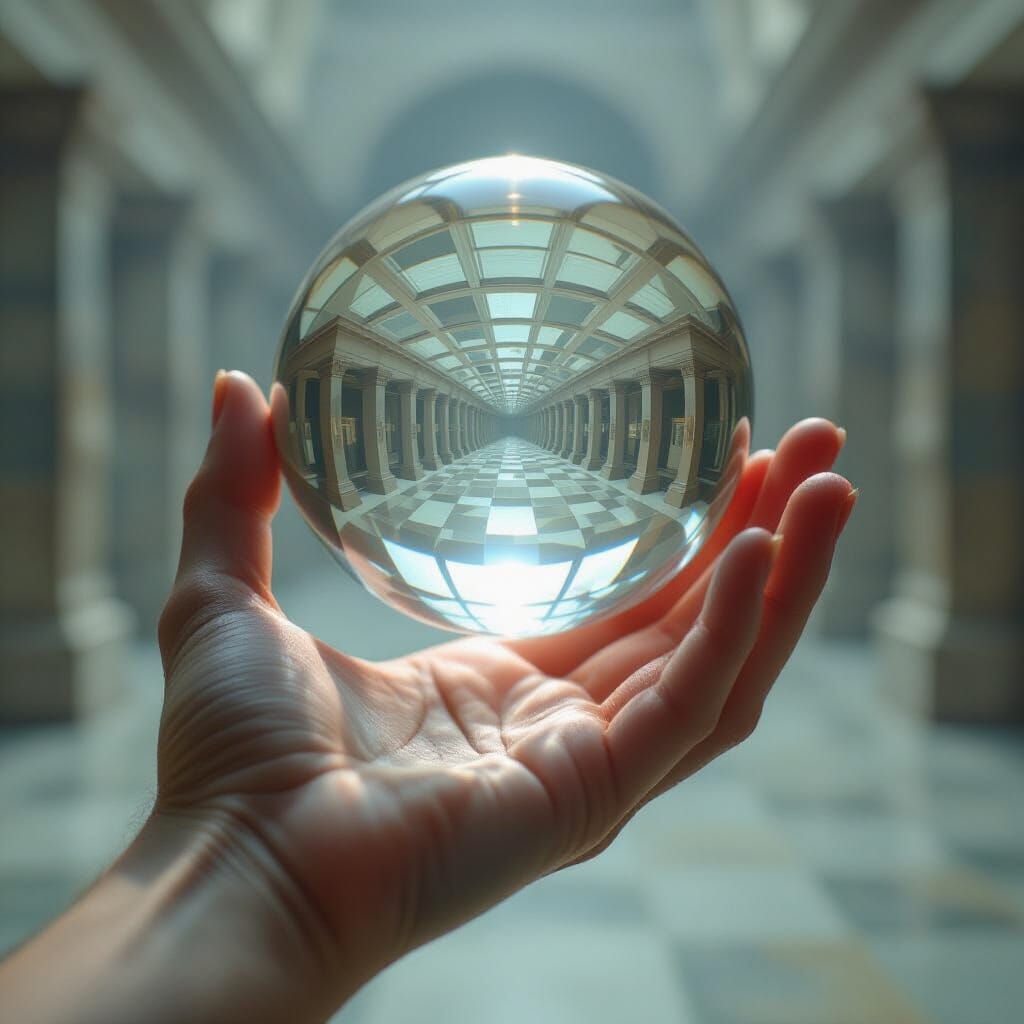 Surreal Hand Holding Reflecting Sphere in Escher Style