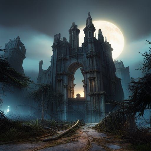 Ghostly Ruined Castle at Sunset in Baroque Style