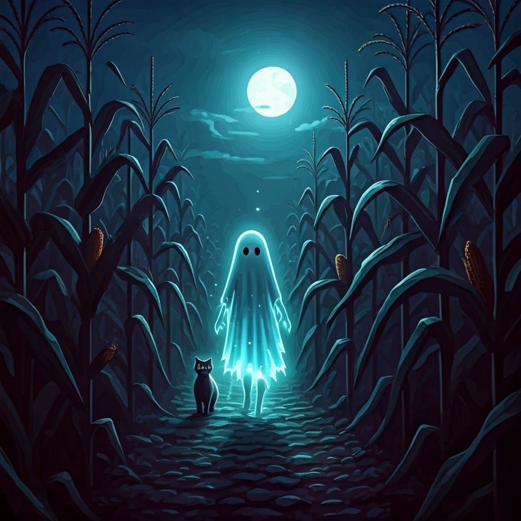 Ethereal Ghost and Cat in Moonlit Cornfield