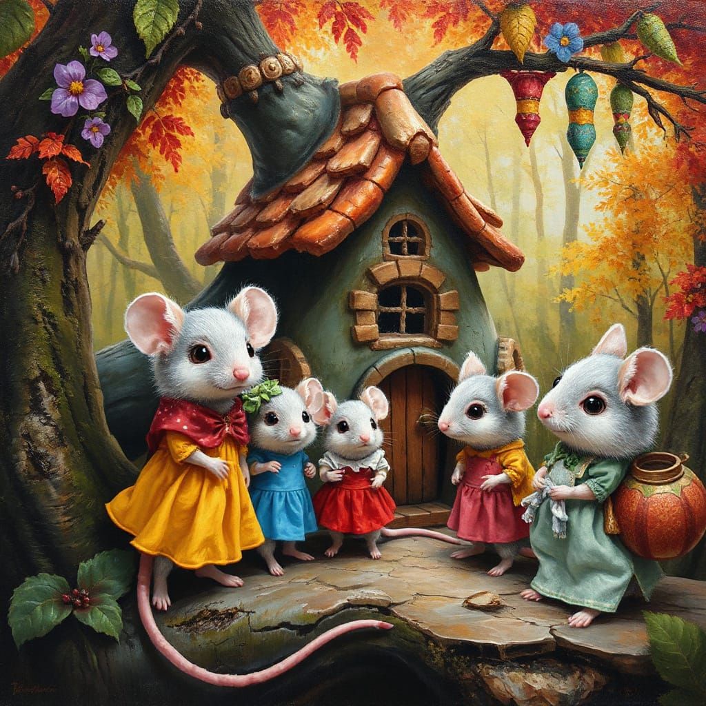 Whimsical Mouse Family in Vibrant Forest Home