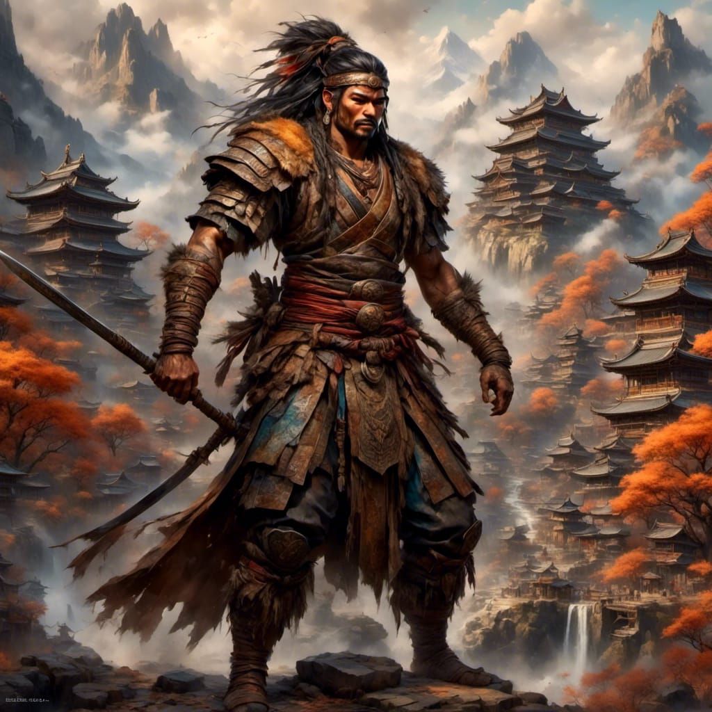 Japanese Warrior in Traditional Clothing, Detailed Matte Pai...