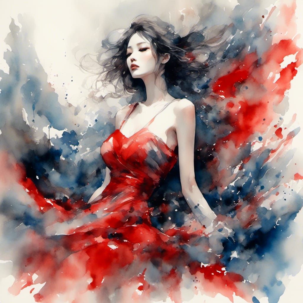 Ethereal Woman in Red Dress: Ink Wash Painting
