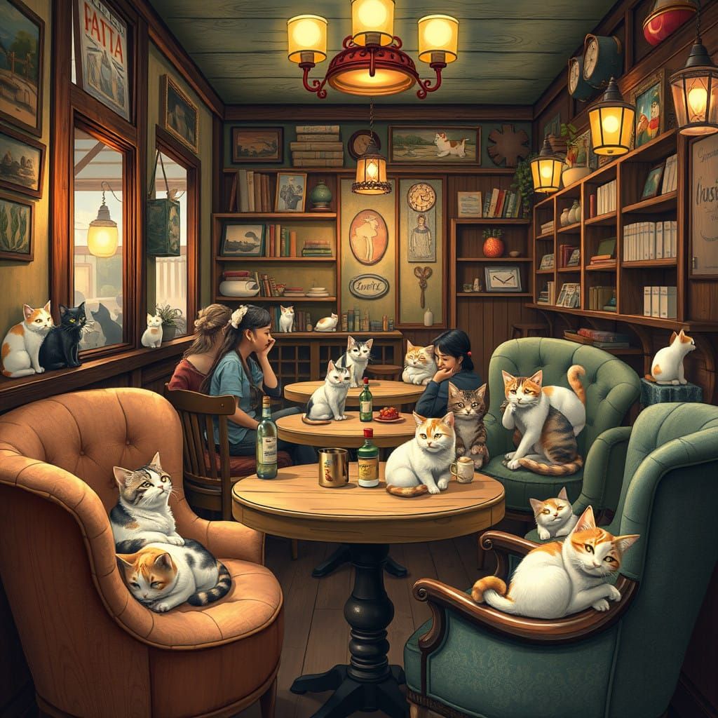 Whimsical Cat Cafe Scene in Vibrant Watercolor Style