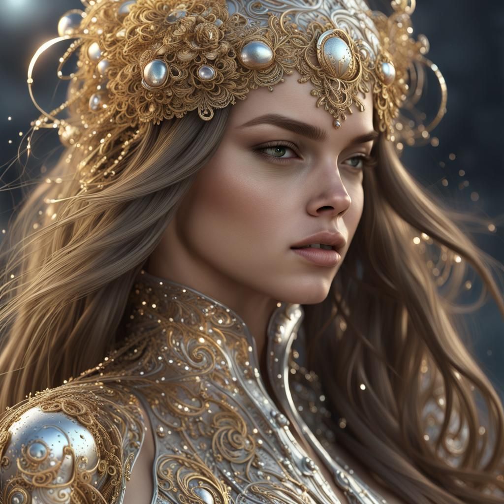 Futuristic Woman with Gold Lace in Sci-Fi Style