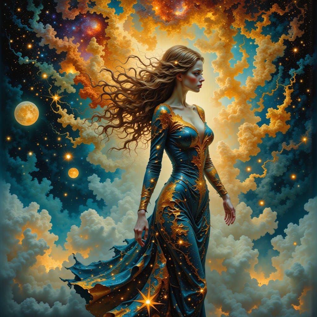 Ethereal Woman with Hair of Cosmic Stars