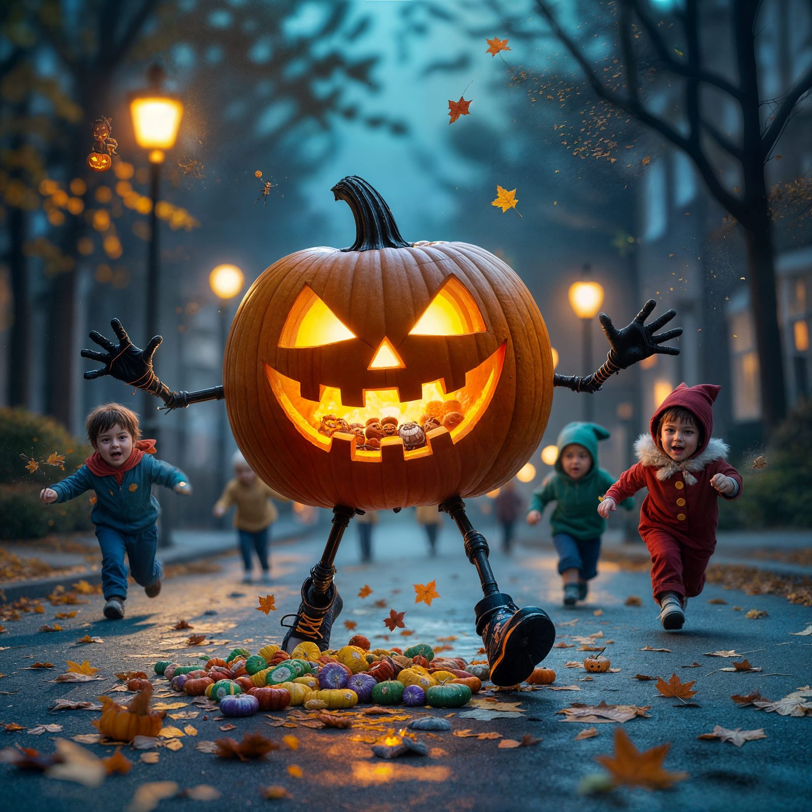 Scary Halloween Pumpkin Flees Costumed Kids Dropping Candy