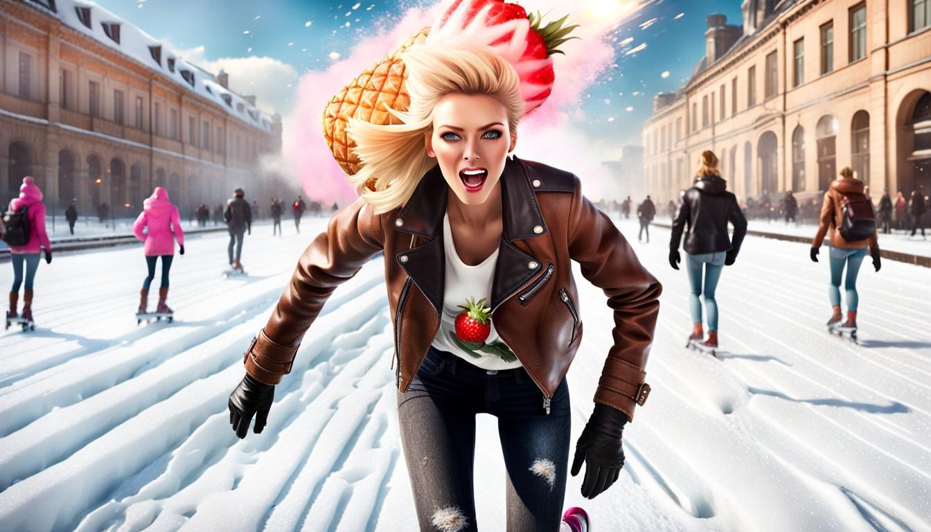 Blonde Woman Skating in Snow: Hyperrealistic 8K Portrait