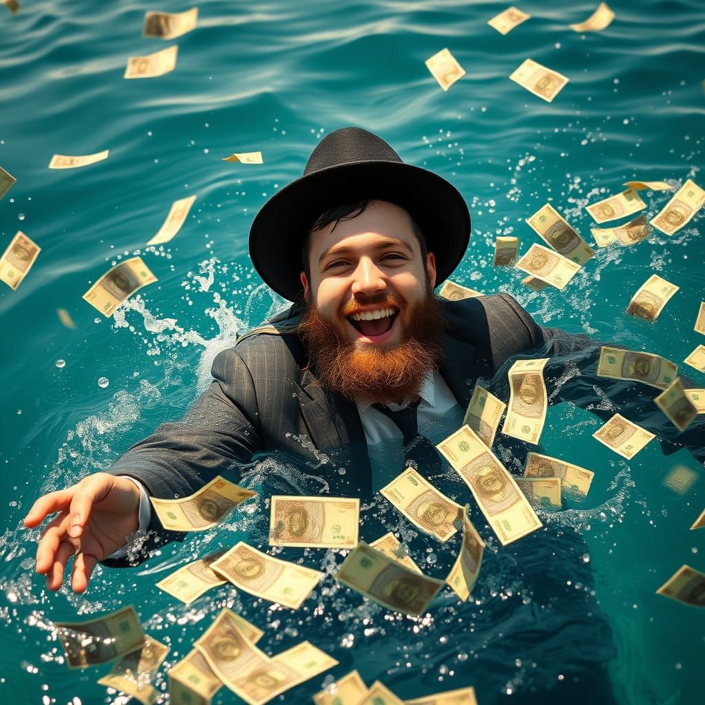 Vibrant Hasidic Man Defies Gravity in Money-filled Ocean