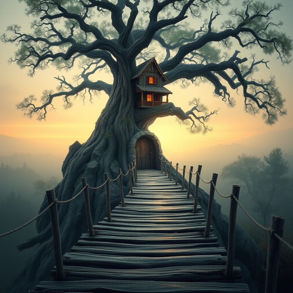 Dreamlike Stone Pedestal Supports Whimsical Treehouse