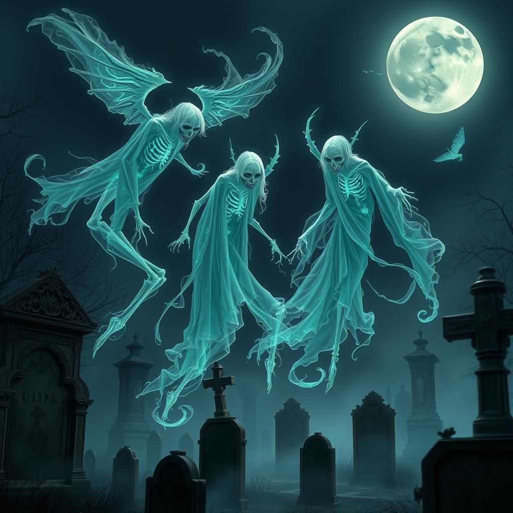 Ethereal Wraiths Fly Over Gothic Graveyard