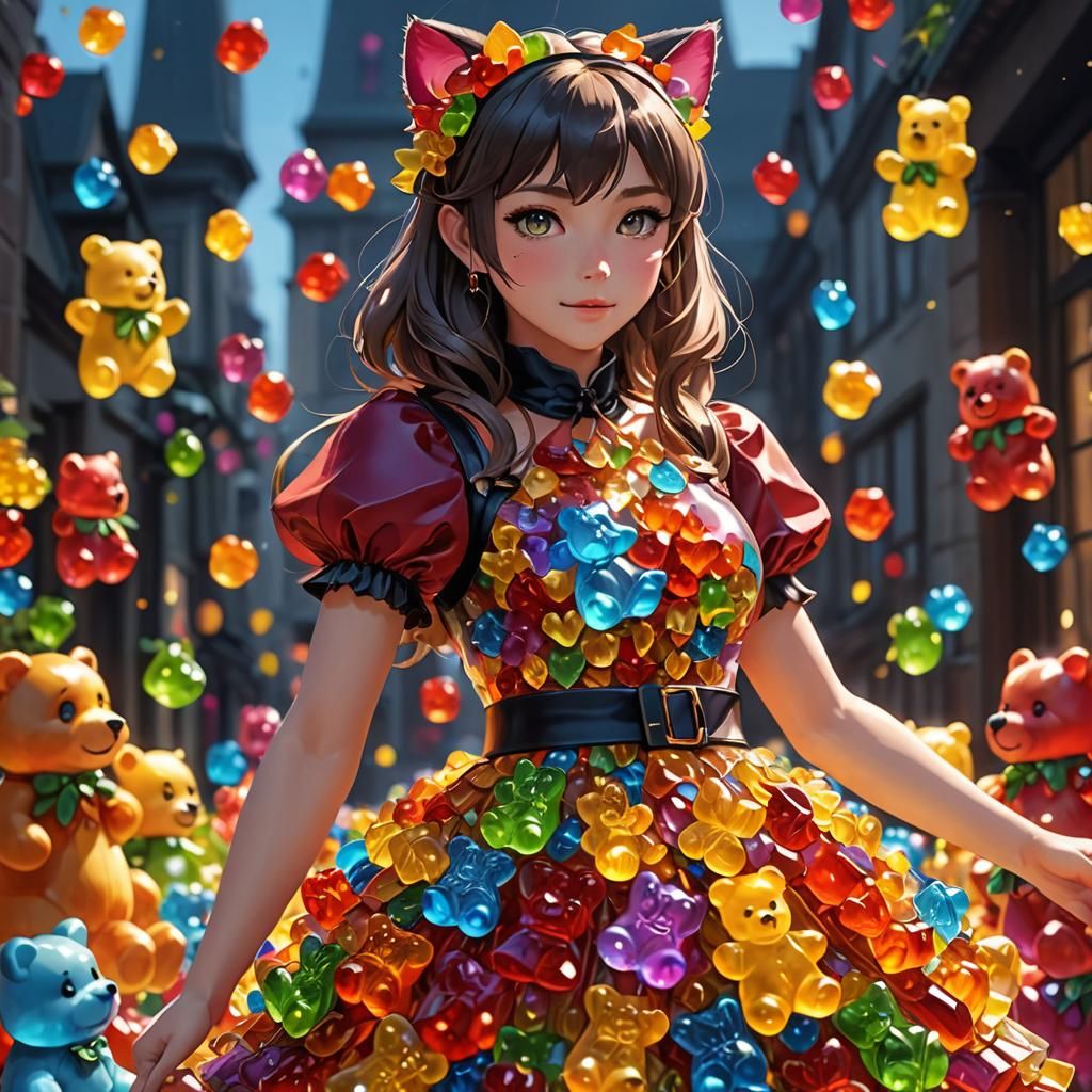 Catgirl in Gummi Bear Dress: 3D Anime Art