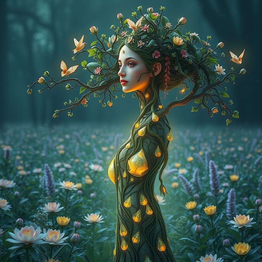 Goddess of Nature Embodied as a Blooming Tree, Radiating Wis...