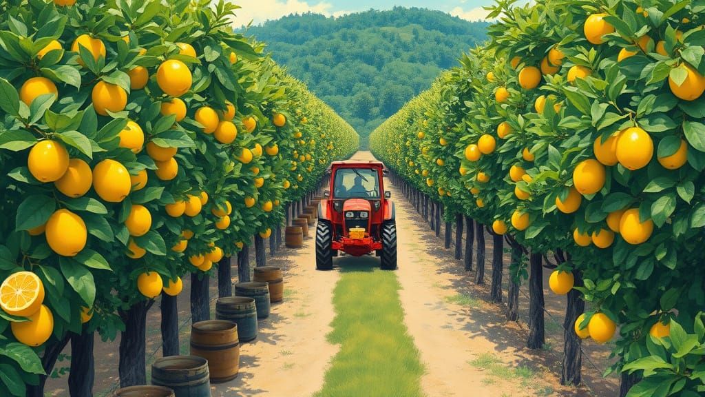 Lemon Orchard Rendered in Gouache Style